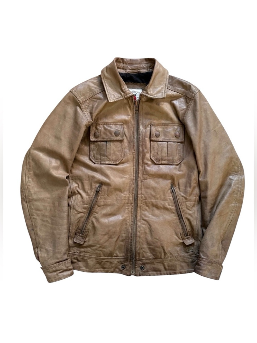 Diesel Co. Goat Leather Utility Field Jacket Brown Distressed Worn-In Mens Small